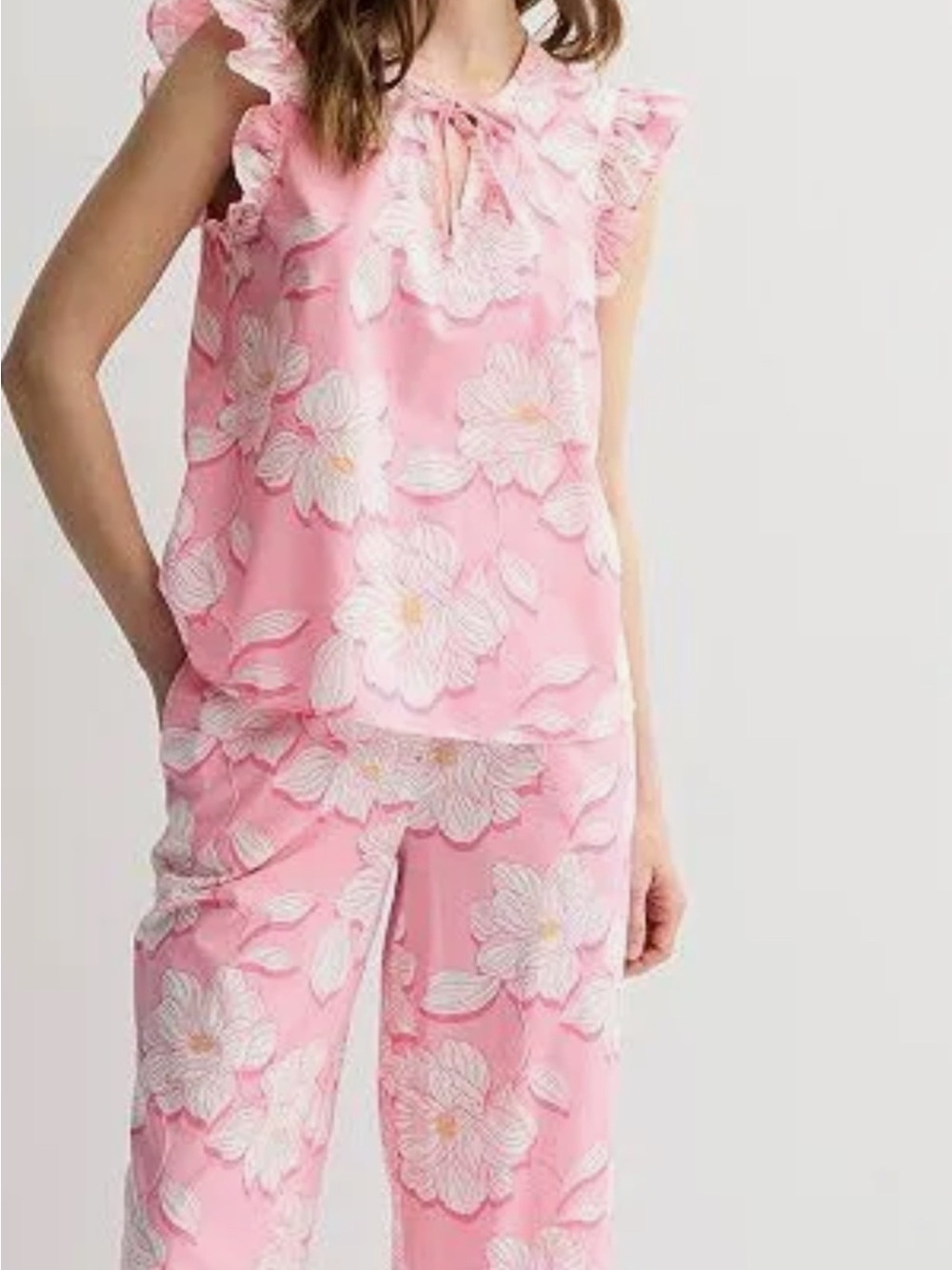 Draper James Pink Floral Lace-Trim Sleep Top & Pant Set Lounge Wear PJ's Medium